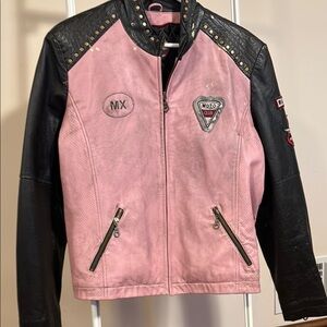 Wilson Leather pink and Black drag race biker jacket with Harley Davidson patch
